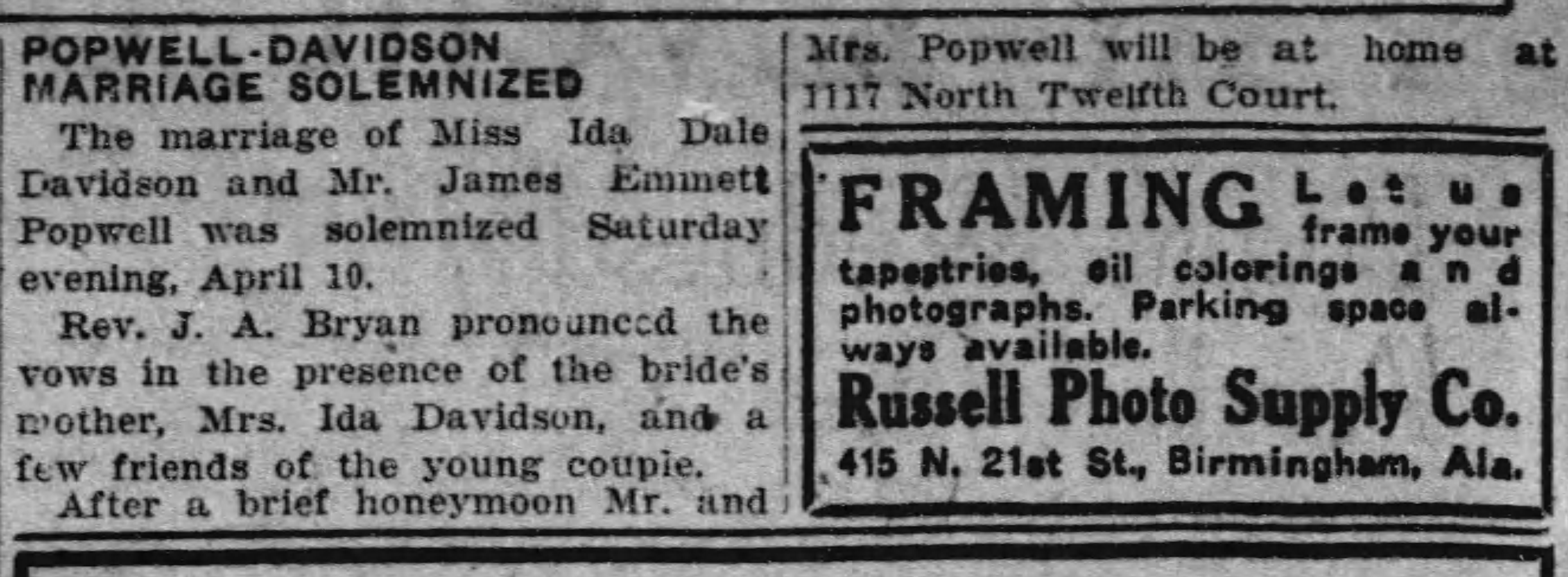 Popwell-Davidson Marriage Solemnized